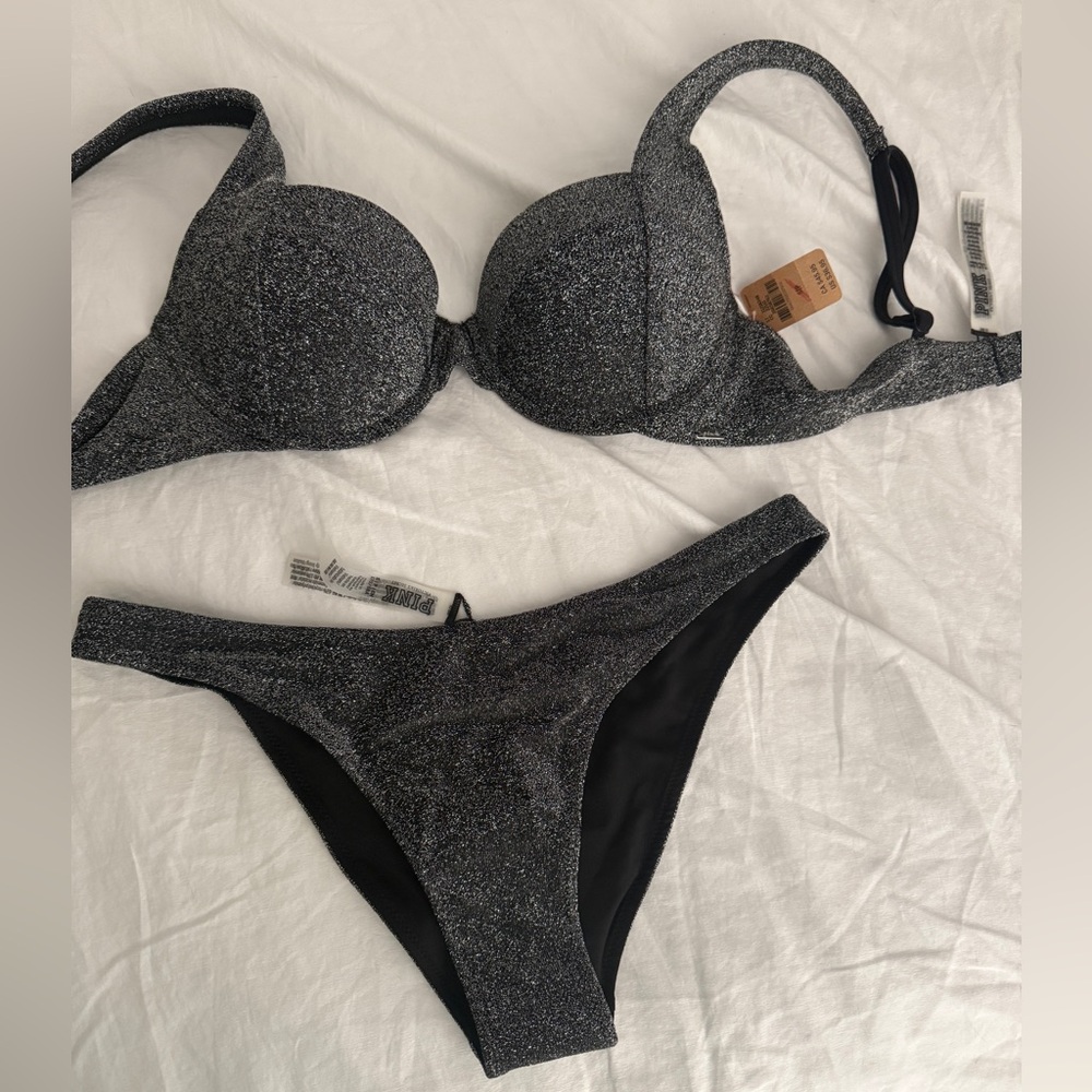 PINK Victoria's Secret Black Shimmer Bikini SMALL